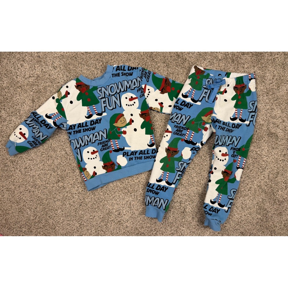H&M Kids Snowman Fun Elf Christmas‎ Sweatsuit Set Blue 3/4T Crewneck Joggers